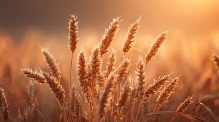 Fototapeta premium Golden Wheat Field at Sunset with Warm Light and Detailed Grains.