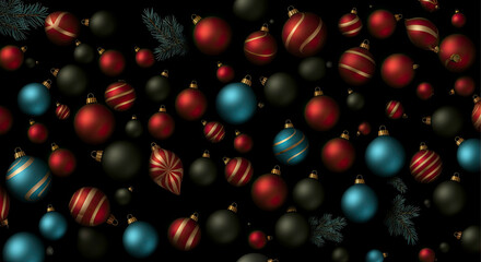 3D Christmas greeting card illustration with a red ornament ball, small pine trees, snow and festive decorations on an orange background. Holiday design for Christmas and New Year banners, posters