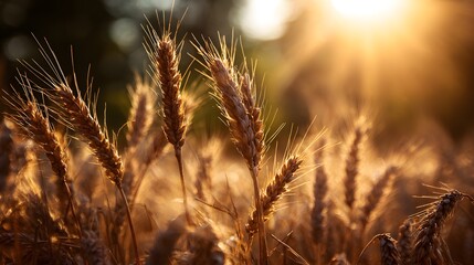 Golden Wheat Field Bathed in Warm Sunlight at Sunset.