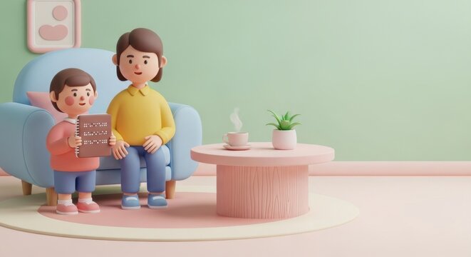 Young boy shows braille book to woman in a living room. Inclusive education concept.