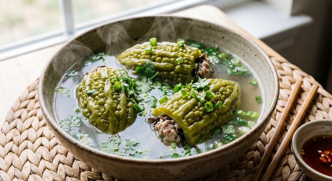 Bowl of vietnamese stuffed bitter melon soup canh kho qua nhoi thit with pork filling traditional tet food