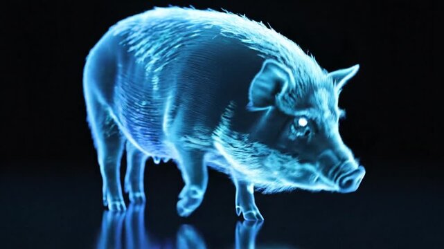 Holographic Pig Animation &ndash; Realistic Natural movement with Clean Black Background, High Detail Futuristic