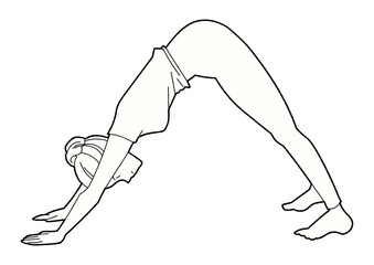 ダウンドッグをする女性のモノクロ線画イラスト