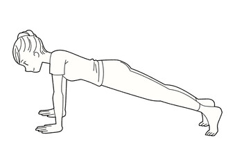 プランクをする女性のモノクロ線画イラスト