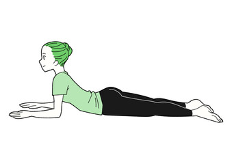 スフィンクスのポーズ　ヨガをする女性　緑のTシャツ