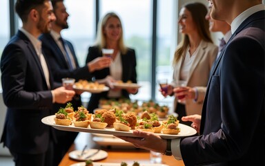 Businesspeople enjoying catering service with appetizers and beverages at corporate event, creating networking opportunity. High quality