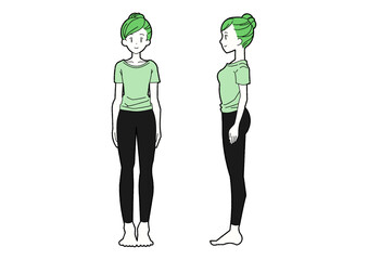 女性の立ち姿　正面と横向きの全身イラスト　緑のTシャツ