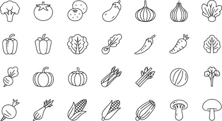 Black icons of fruits and vegetables including broccoli, tomato, corn, carrot, garlic, and pumpkin