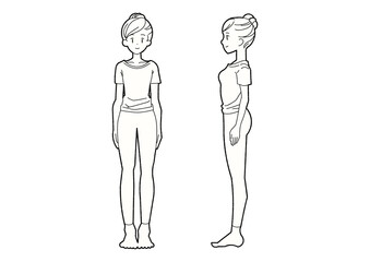 女性の立ち姿　正面と横向きの全身線画イラスト