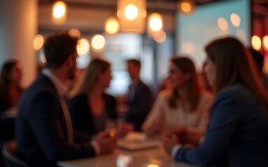 A blurred shot of business people networking at an office party, with soft lighting and bokeh effects creating a warm, social atmosphere. High quality