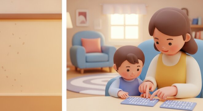 Mother teaching her son to use braille at home, homeschooling. Inclusive education.