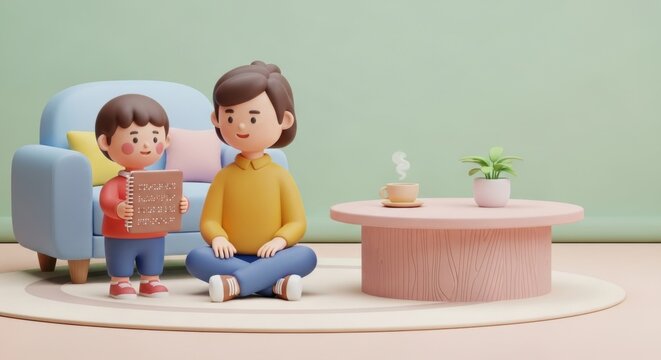 Cartoon mother sitting with her son holding a book in a 3d rendering illustration.