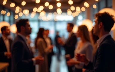 A blurred shot of business people networking at an office party, with soft lighting and bokeh effects creating a warm, social atmosphere. High quality