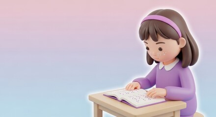 Cartoon girl reading braille book at desk. Inclusive education and accessibility concept.