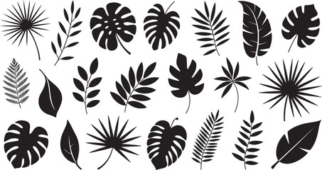 Black botanical leaf icons including monstera, palm, fern, banana, tropical foliage, and nature shapes