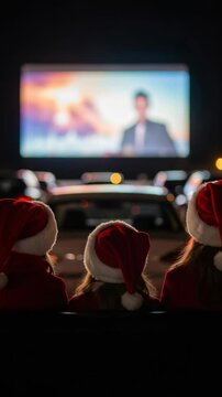 Three people wearing festive Santa hats from behind, watching a movie on a large outdoor screen at a drive-in theater during the holiday season
