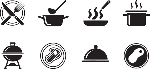 Cooking and kitchen icon set vector – cookware, pots, grill, and utensils black silhouette collection for restaurant, food, or culinary design