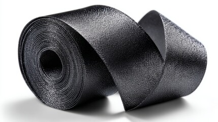 Close-up Studio Shot of Rolled Black Fabric Ribbon Spool, Shiny Texture, Craft Material, Gift Wrapping, Elegant Design.