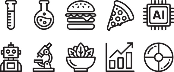 Black icons of food delivery, fast food, mobile location, backpack, shirt, and lifestyle essentials