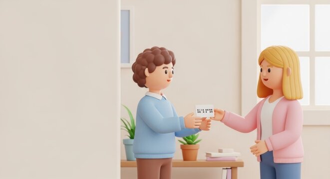 Cartoon woman handing a card with braille to a cartoon man in a bright interior.