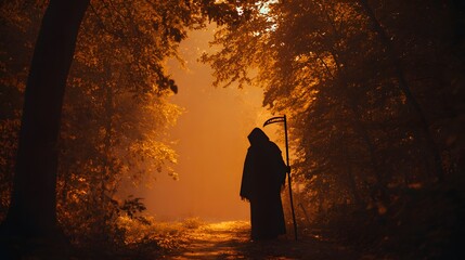 Grim Reaper Silhouette in Eerie Forest with Golden Light.
