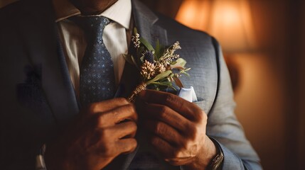 Groom adjusting his elegant boutonniere and suit before the wedding ceremony.