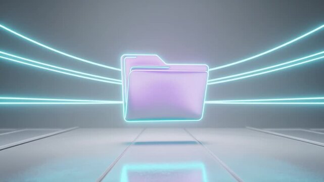 Futuristic glowing folder icon in a digital data environment with neon light lines.