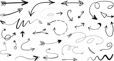 Hand drawn arrow doodles set vector – sketch arrows collection in swirl, curve, and straight styles for infographic, direction, or creative design