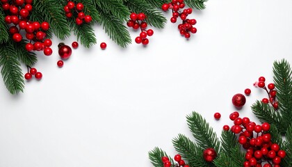 A clean festive flat lay composition featuring fresh green pine branches and clusters of bright red berries arranged in the corners. 