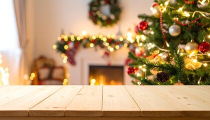 A perspective view of an empty wooden table surface in the foreground. The background creates a cozy atmosphere with a defocused lit Christmas tree, fireplace, and warm holiday lights.