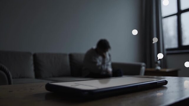 Empty speech bubbles float across a living room as a sad man sits on a sofa in the background, ignoring a smartphone lying on the coffee table