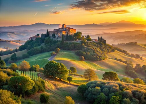 Soft hues of dawn illuminate the ancient Campanian hills, as morning light dances across Isola della Conas rustic landscape