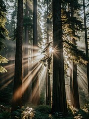 Obraz premium Warm sunlight dances through towering cedars in a misty Vancouver Island forest glade