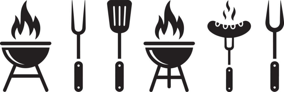 Barbecue grill icon vector – black silhouette with fire, fork, and spatula illustration for summer cooking, BBQ party, or outdoor picnic design