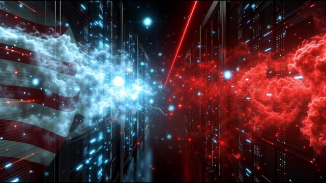 Tech Cold War. USA China symbolic. AI semiconductor cyber. cyber warfare. tech sanctions. AI dominance. A digital representation of USA-China tech rivalry in a server environment.
