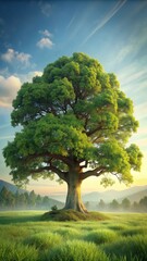 Fototapeta premium A majestic spring oak tree stands tall amidst a lush carpet of vibrant green leaves against a soft, natural background