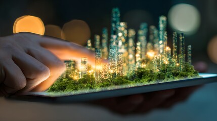 Hand touching a futuristic smart city hologram on a digital tablet.