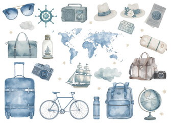 Travel-themed illustration set in blue-toned watercolor style