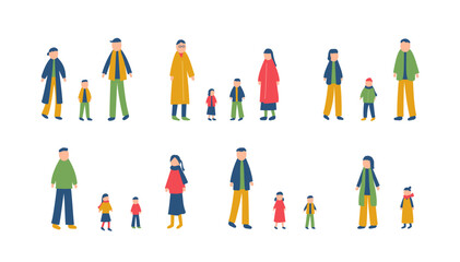 冬を過ごす家族のイラストセット