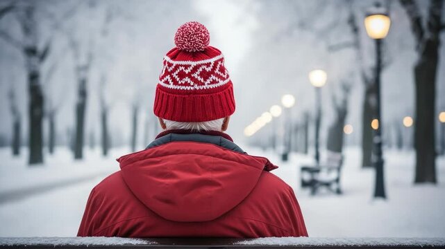 Rear view of an adult person with white hair, wearing a red winter jacket and a patterned beanie, sitting on a snow-covered bench in a serene winter park with illuminated streetlights.