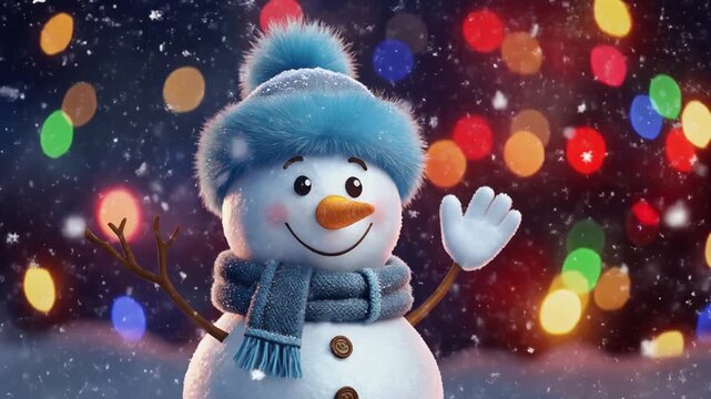 Cute Smiling Snowman with Blue Winter Hat and Scarf in Colorful Festive Lights