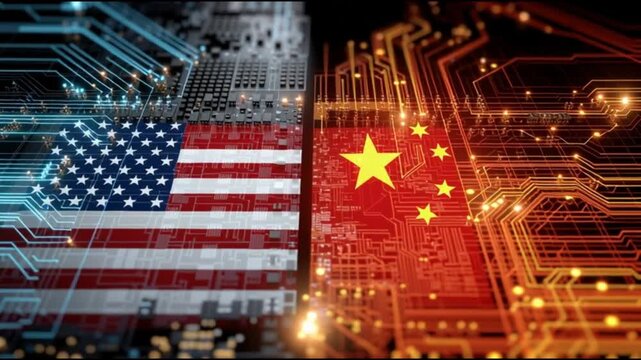 Tech Cold War. USA China symbolic. AI semiconductor cyber. cyber warfare. tech sanctions. AI dominance. Symbolic representation of USA and China in a tech context