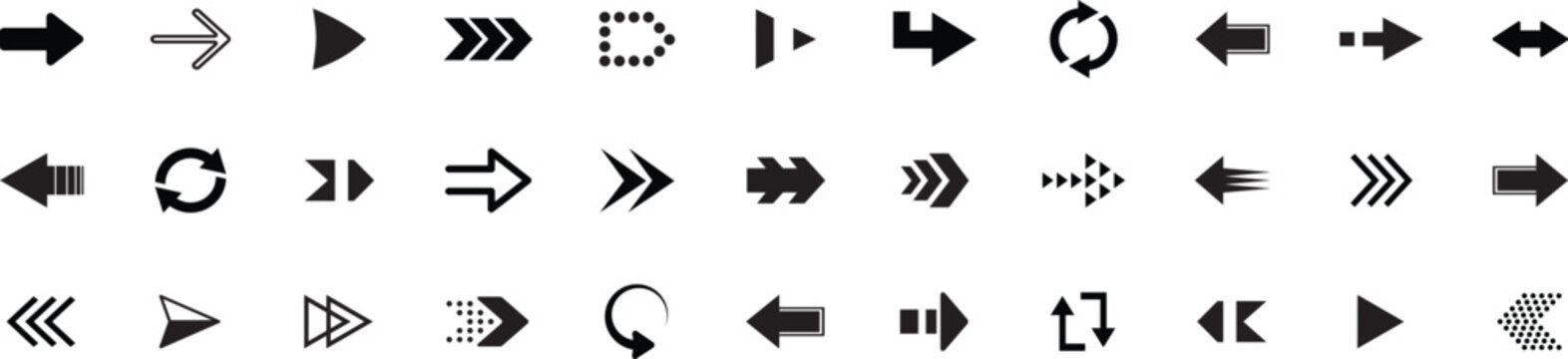 Arrow icon set. Arrows big black set icons. Cursor. Modern simple arrows. Modern simple arrows. Collection of different arrow signs. Cursor. Black arrows icons. Vector illustration set.	