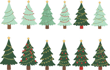 Hand-Drawn Christmas Tree Vector Set with Lights, Baubles, and Star Toppers in Two Green Color Tones