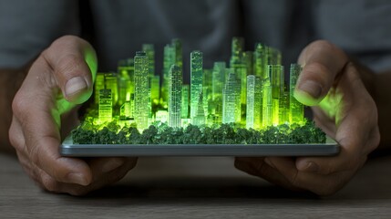 Hands holding a smartphone displaying a glowing green futuristic city hologram, symbolizing smart city technology and sustainable urban development.