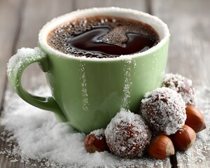 A green mug filled with steaming hot chocolate stands among hazelnut and coconut covered treats on rustic snowy wooden surface at winter time.