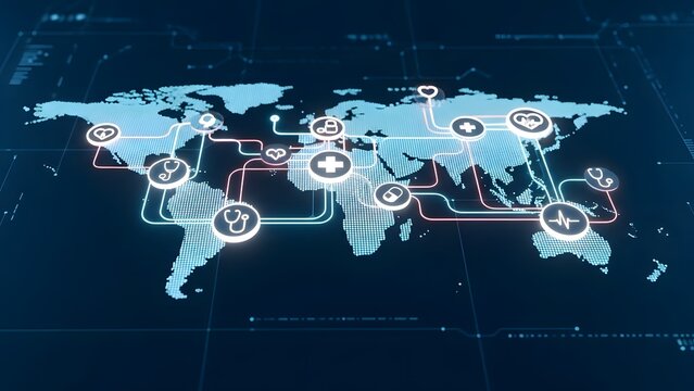 Digital world map linking medical icons, ideal for presentations, infographics, websites, and educational materials on global health initiatives.