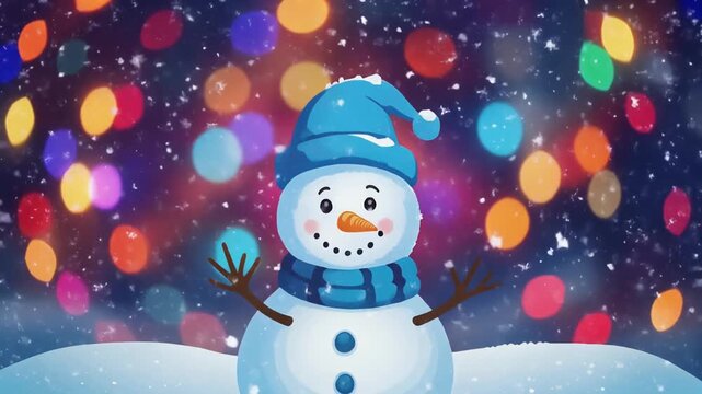Cute Smiling Snowman with Blue Winter Hat and Scarf in Colorful Festive Lights