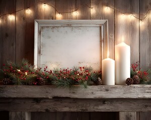 Cozy winter scene with blank frame candles pine cones and fairy lights on wooden shelf providing festive seasonal display for text overlay.