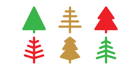 Christmas Tree Icons Set. Red, Green, and Gold Vector Designs. Minimalist Christmas Tree Graphics